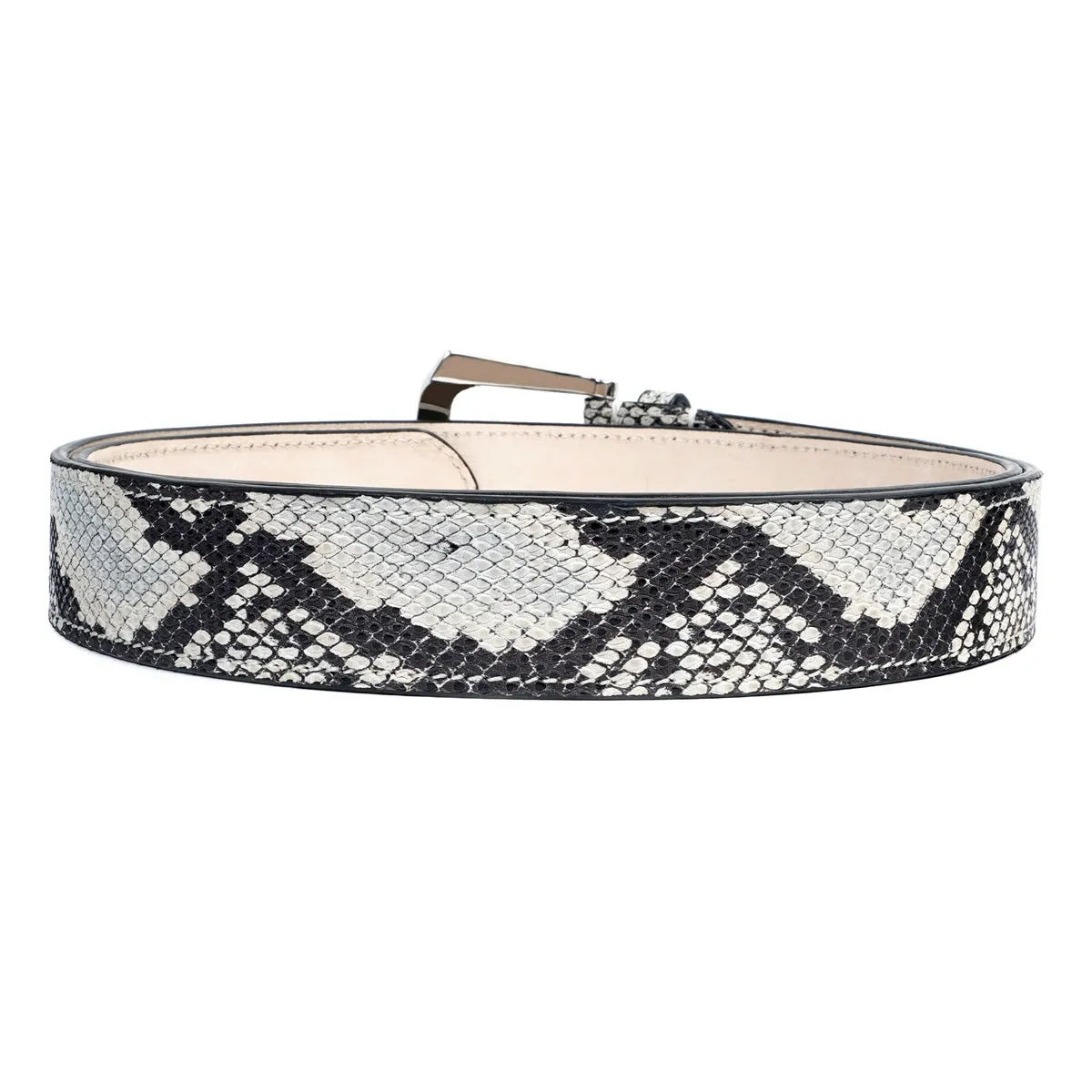 Black-White Belt in Snake Print Leather with Silver Finish Buckle Closure