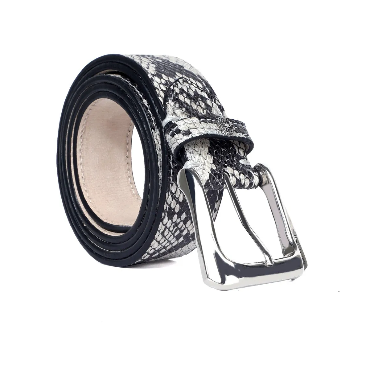 Black-White Belt in Snake Print Leather with Silver Finish Buckle Closure