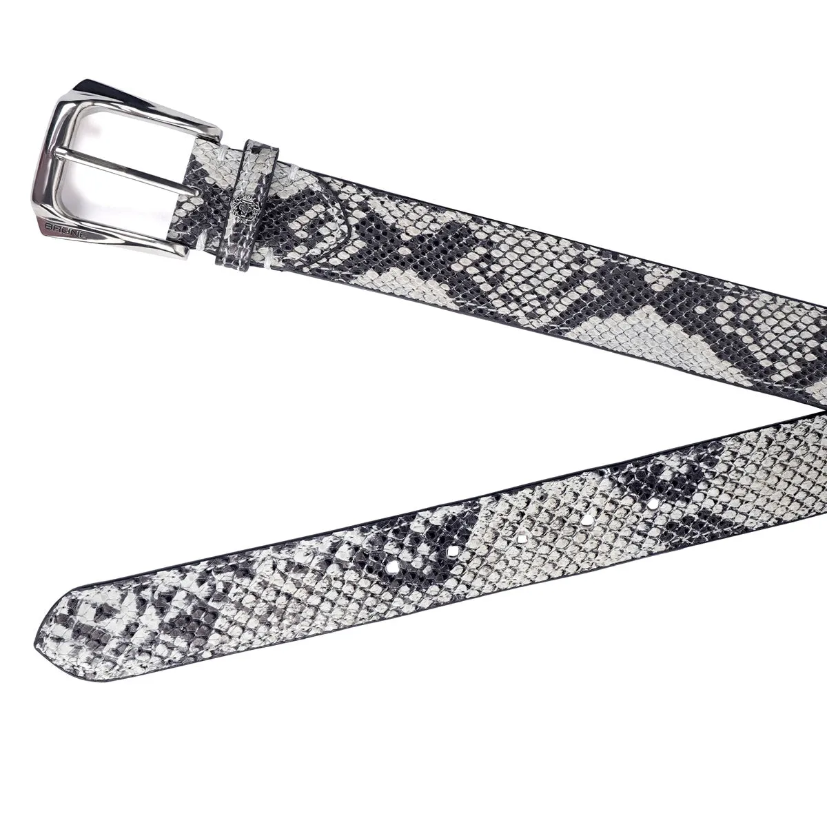 Black-White Belt in Snake Print Leather with Silver Finish Buckle Closure