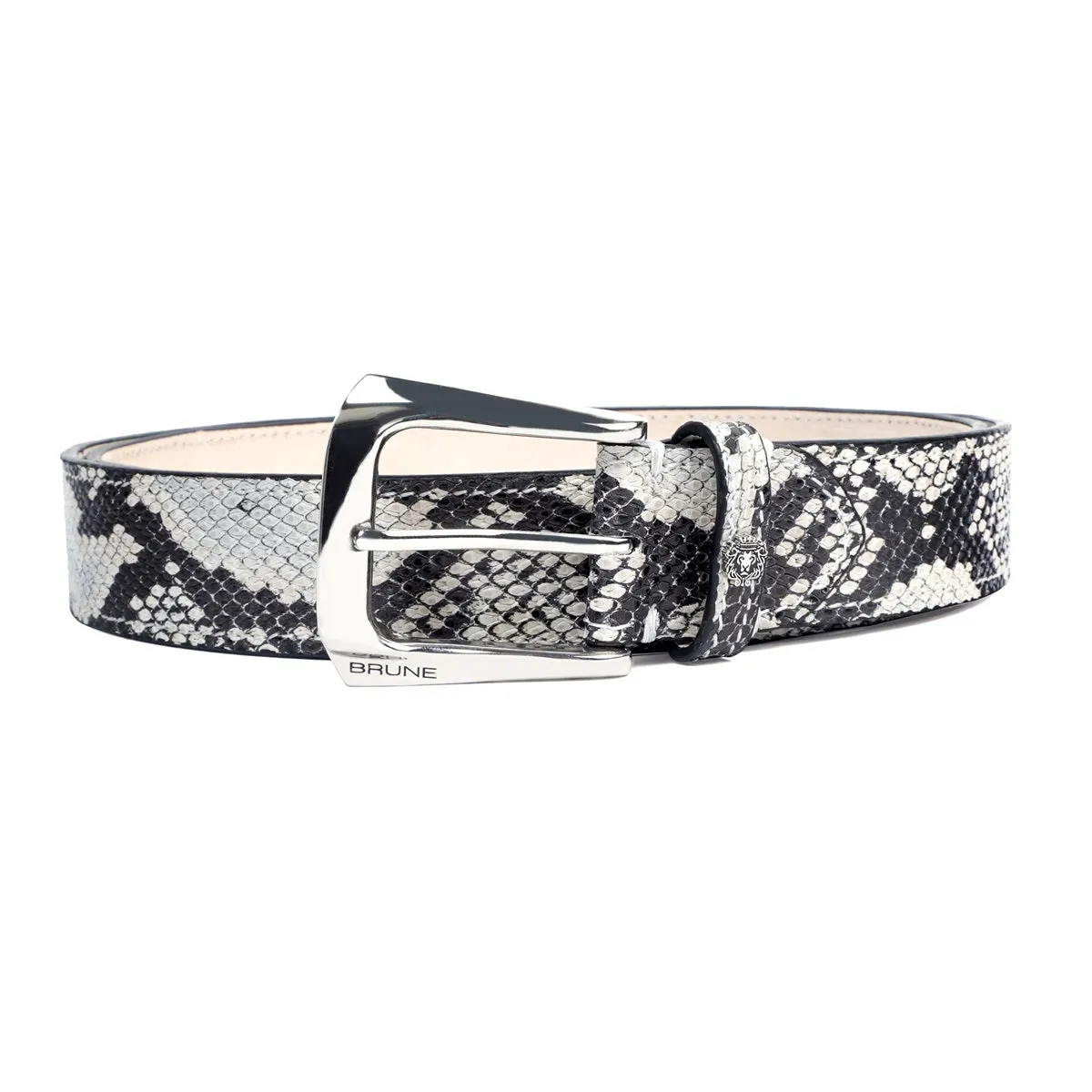 Black-White Belt in Snake Print Leather with Silver Finish Buckle Closure