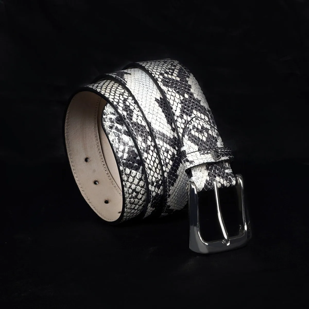 Black-White Belt in Snake Print Leather with Silver Finish Buckle Closure