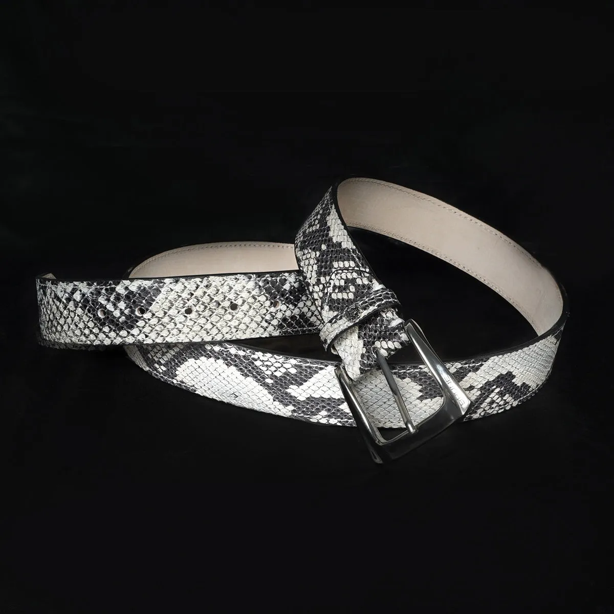 Black-White Belt in Snake Print Leather with Silver Finish Buckle Closure