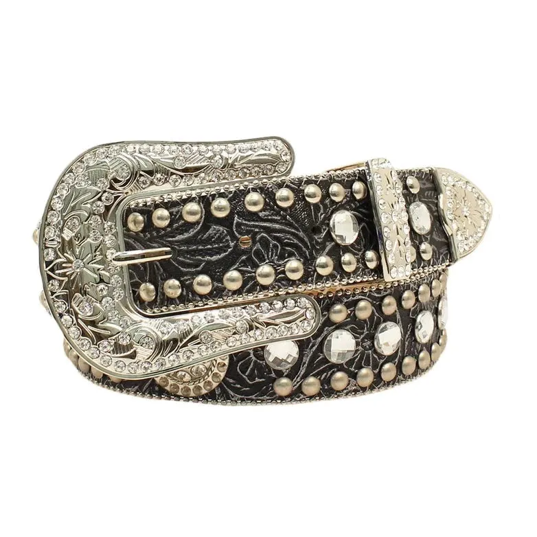 Blazin Roxx Women's Scrolled Rhinestone Bling Black Leather Belt