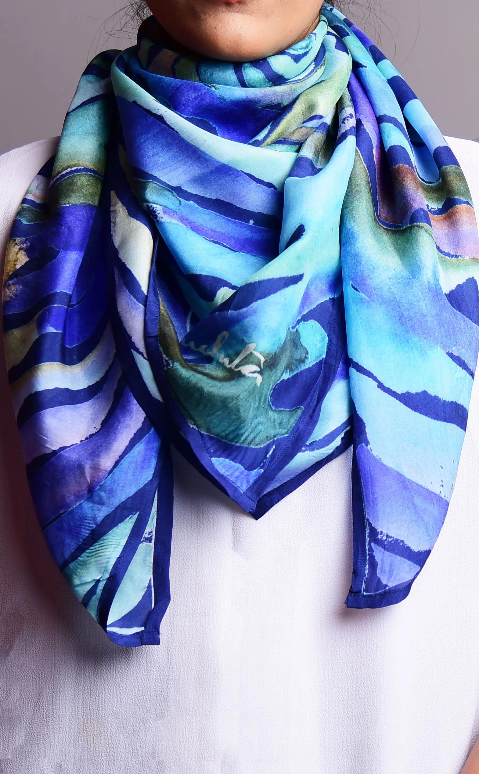 Blue And Aqua Water Twirl Printed Pure Silk Scarf