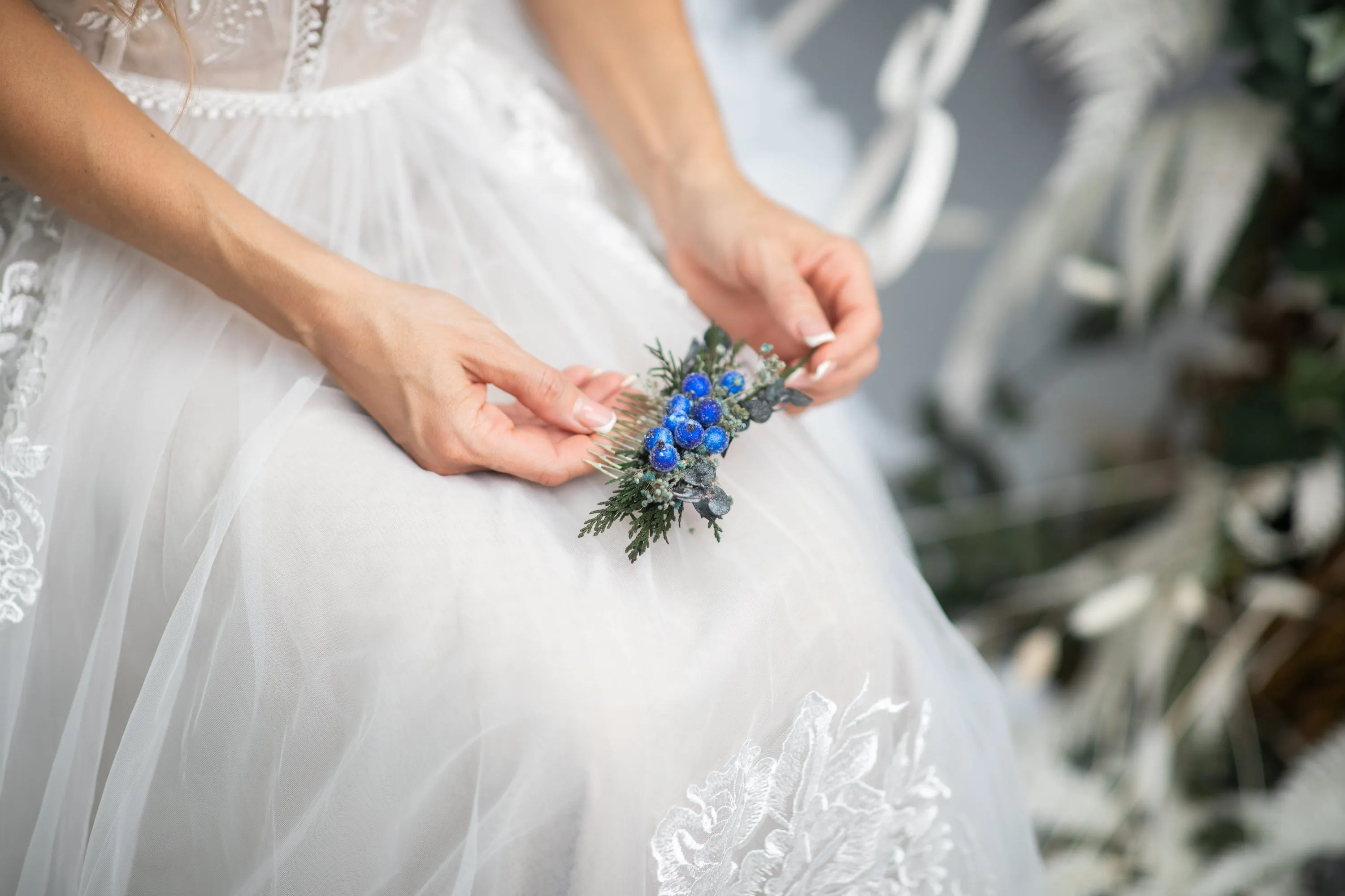 Blue winter hair comb with frozen berries