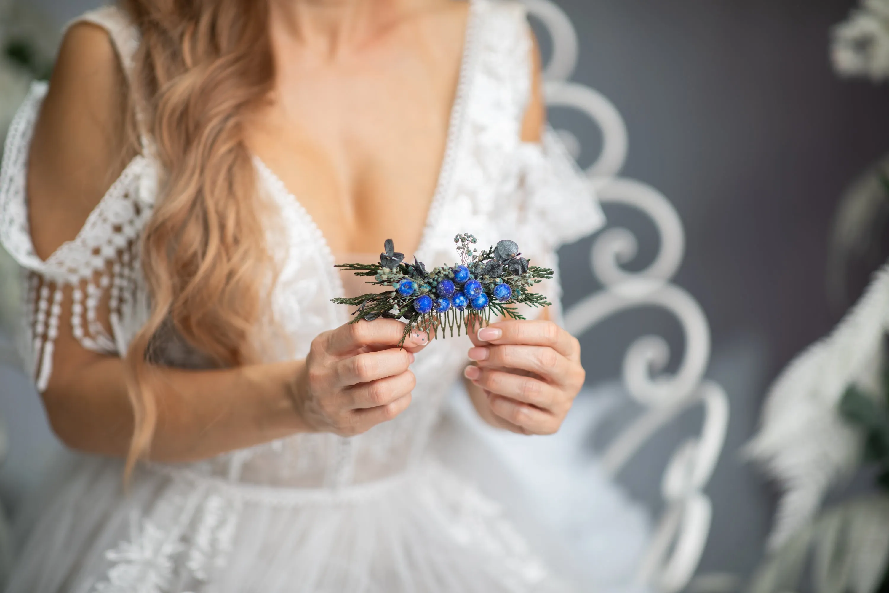 Blue winter hair comb with frozen berries