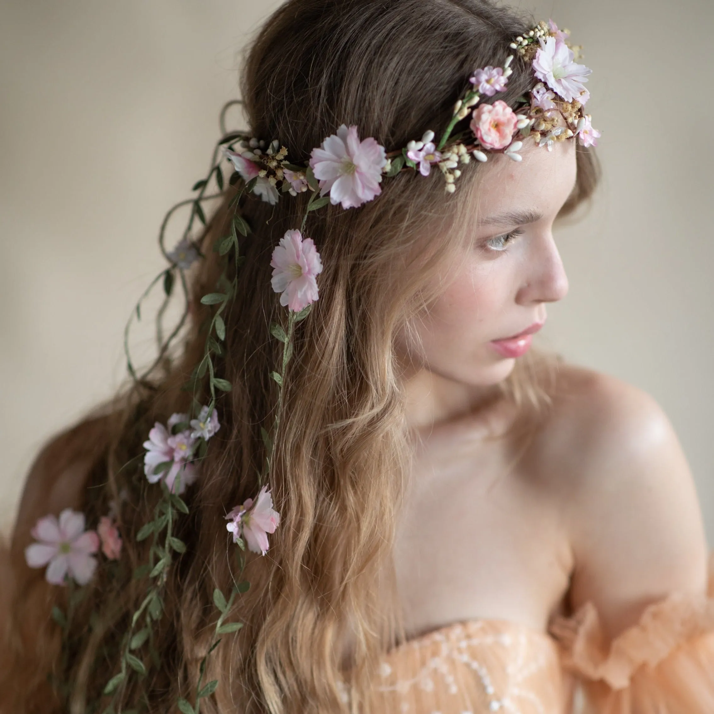 Blush flower hair crown with vines