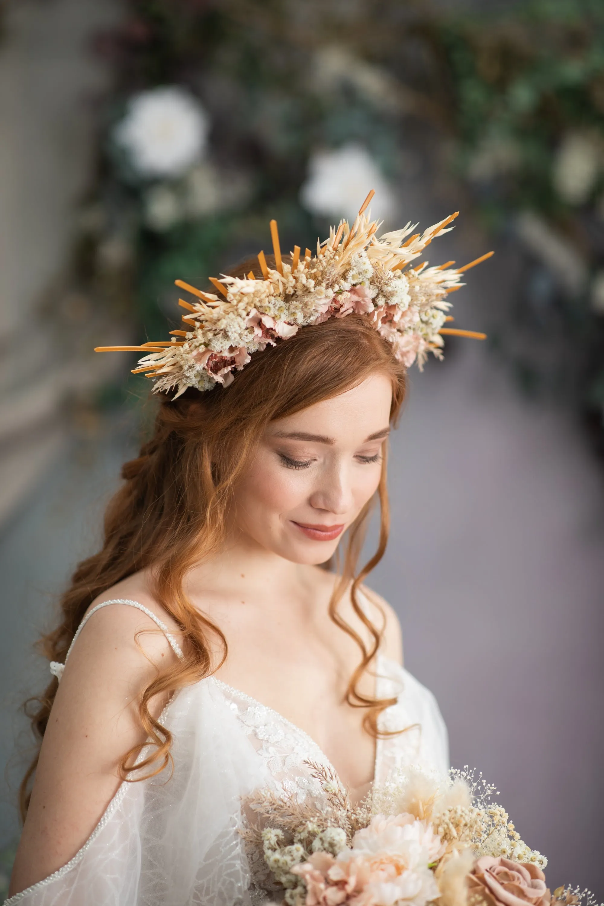 Blush wedding flower hair crown