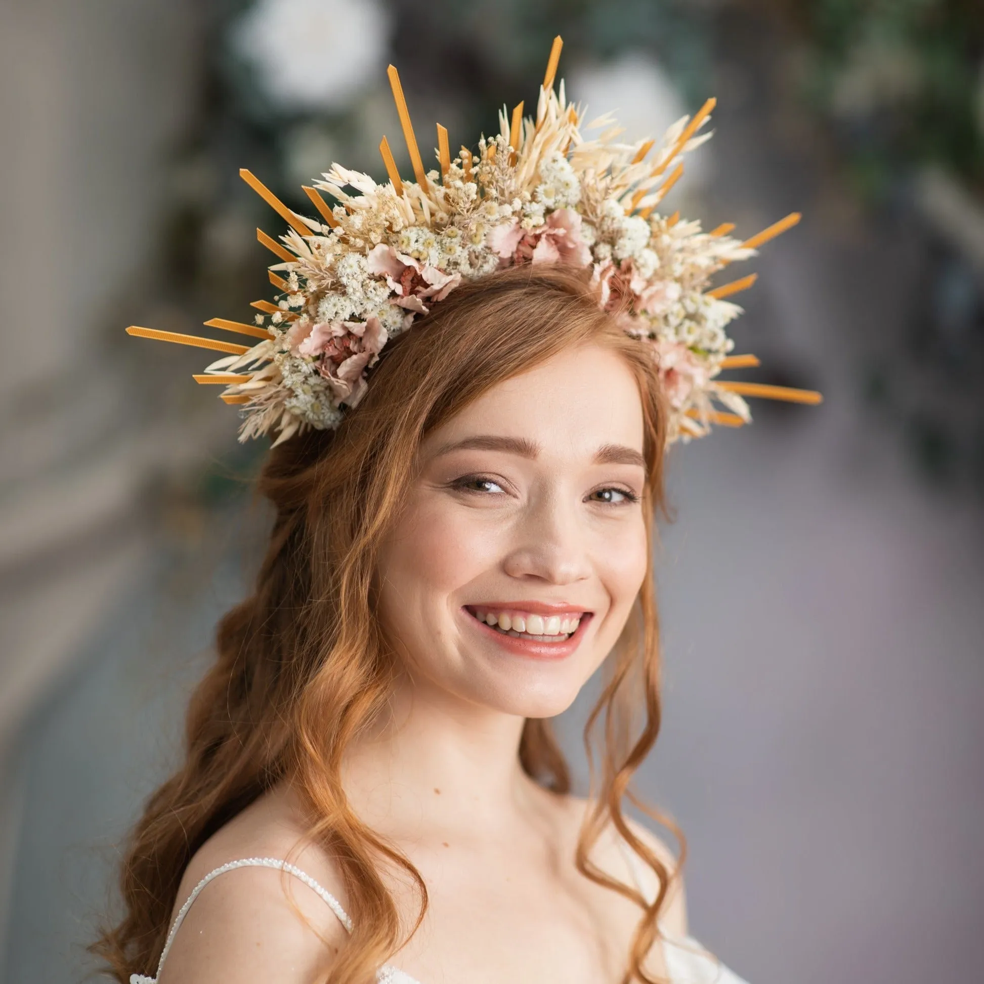 Blush wedding flower hair crown