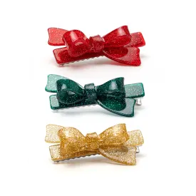 Bows Glitter Green Gold & Red Hair Clips