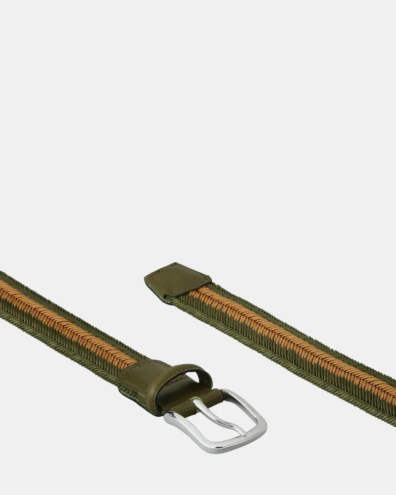 Braided Leather Stretch Belt - Olive   Natural