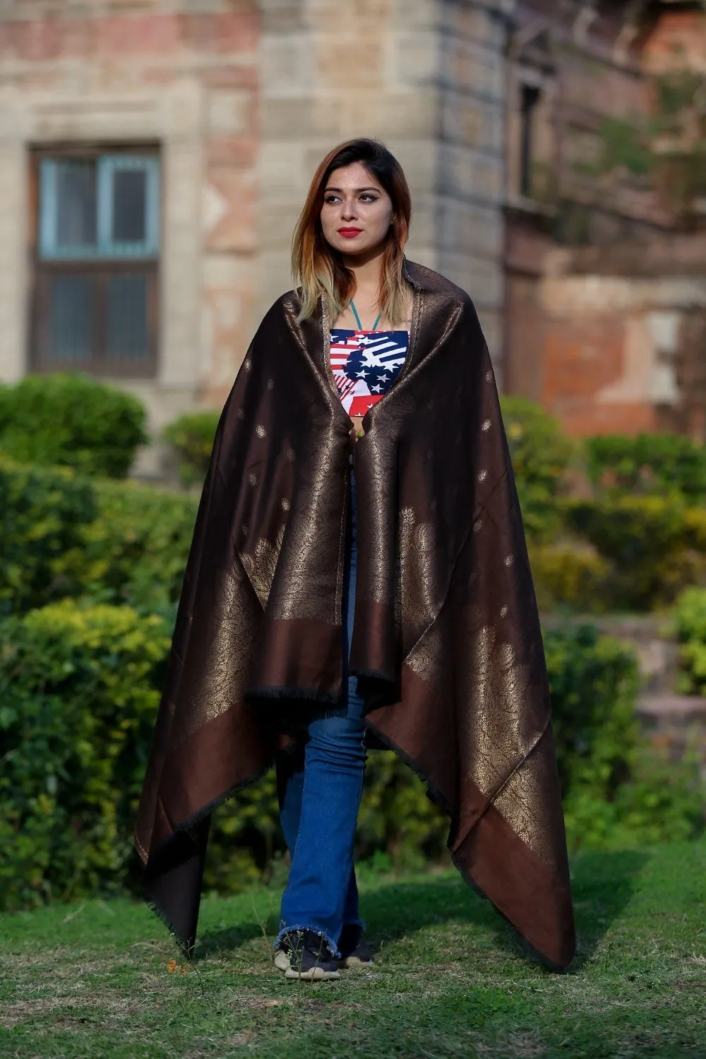 BROWN SHAWL DEFINES ROYAL AND LUXURIOUS EXTREMELY COMFORTABLE FOR ALL EVENTS