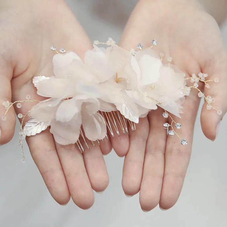 C107. Blush Organza Flower Hair Comb, light pink chiffon flower comb