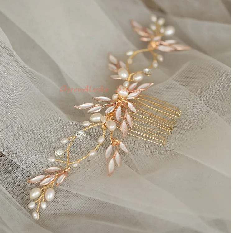 C161. rose gold bridal leaf hair vine/ comb