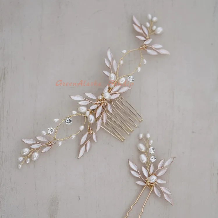 C161. rose gold bridal leaf hair vine/ comb