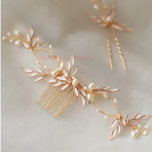 C161. rose gold bridal leaf hair vine/ comb