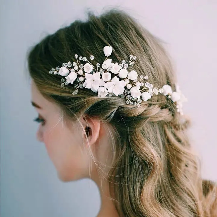 C190. white clay florets hair comb for bride