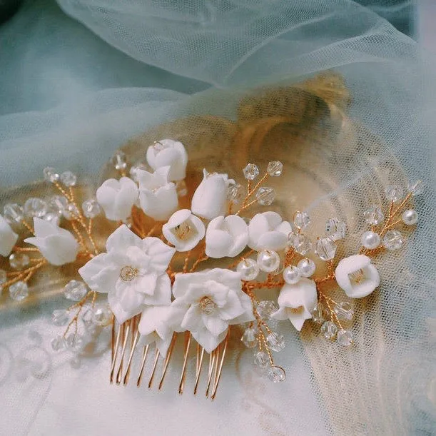 C190. white clay florets hair comb for bride