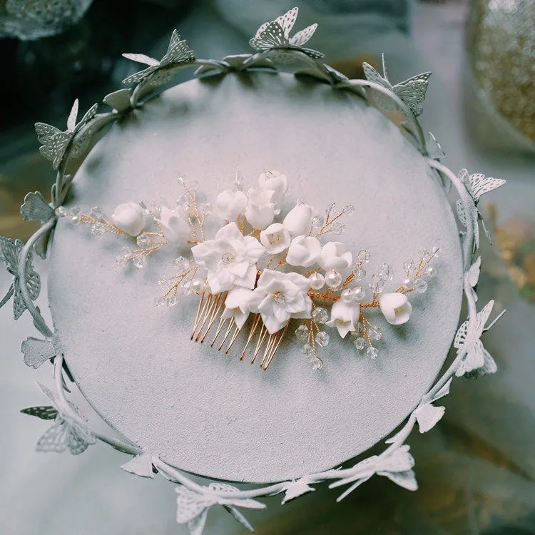 C190. white clay florets hair comb for bride