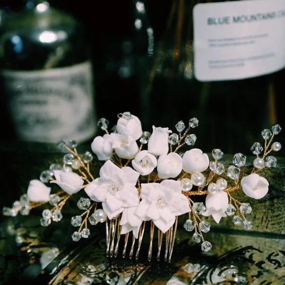 C190. white clay florets hair comb for bride