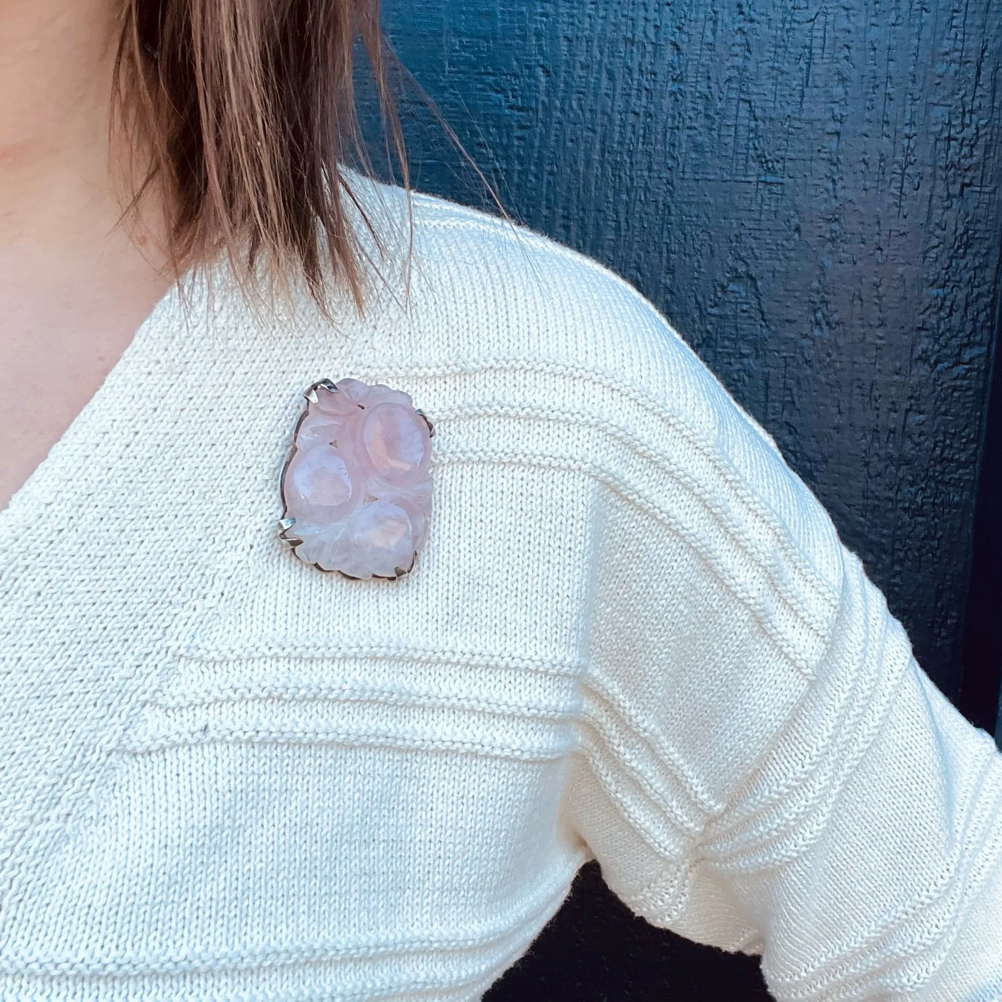 Carved Peaches Rose Quartz Brooch