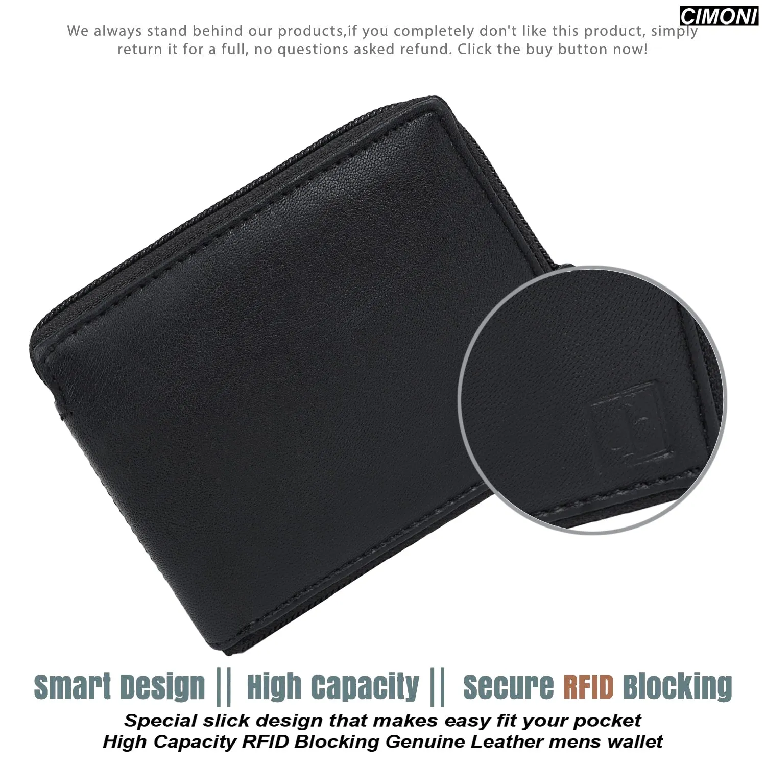 CIMONI Genuine Leather Casual Slim Multi Credit Cards Slot Zip Wallet RFID for Unisex