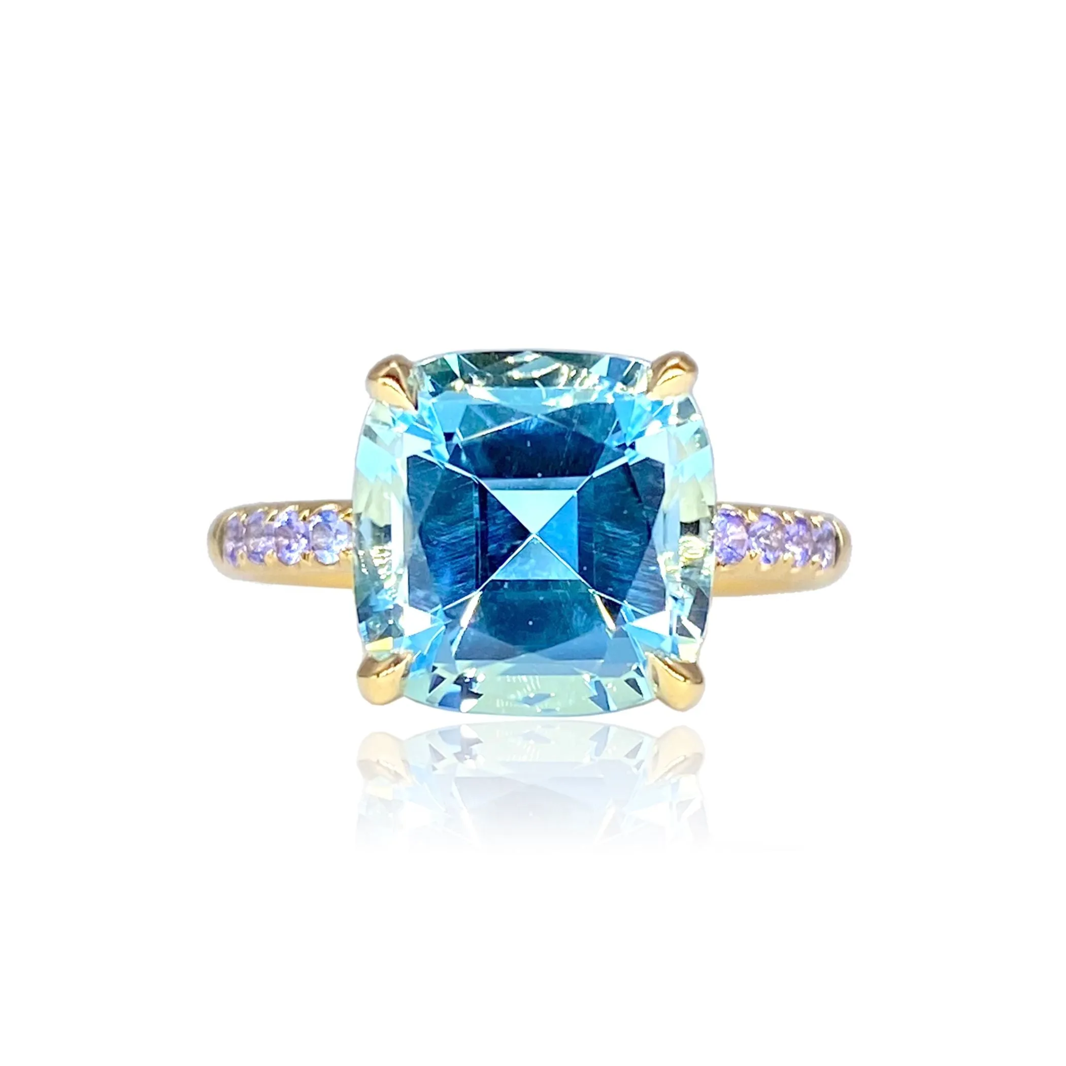 Cirque Blue Topaz Cushion with Tanzanite Band Ring