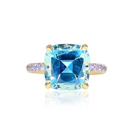 Cirque Blue Topaz Cushion with Tanzanite Band Ring