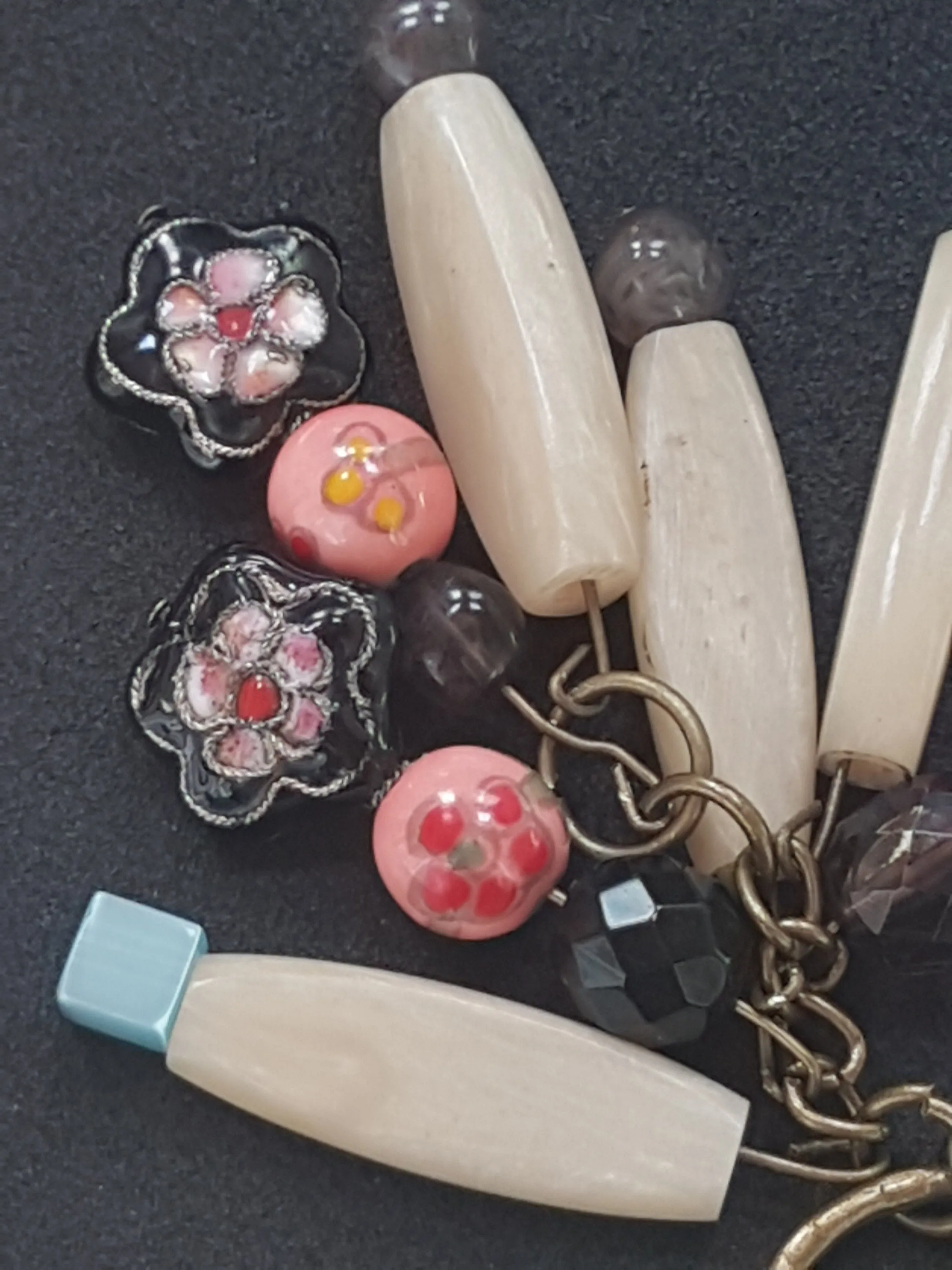 Cream, Pink, Black, Blue Bead Keychain