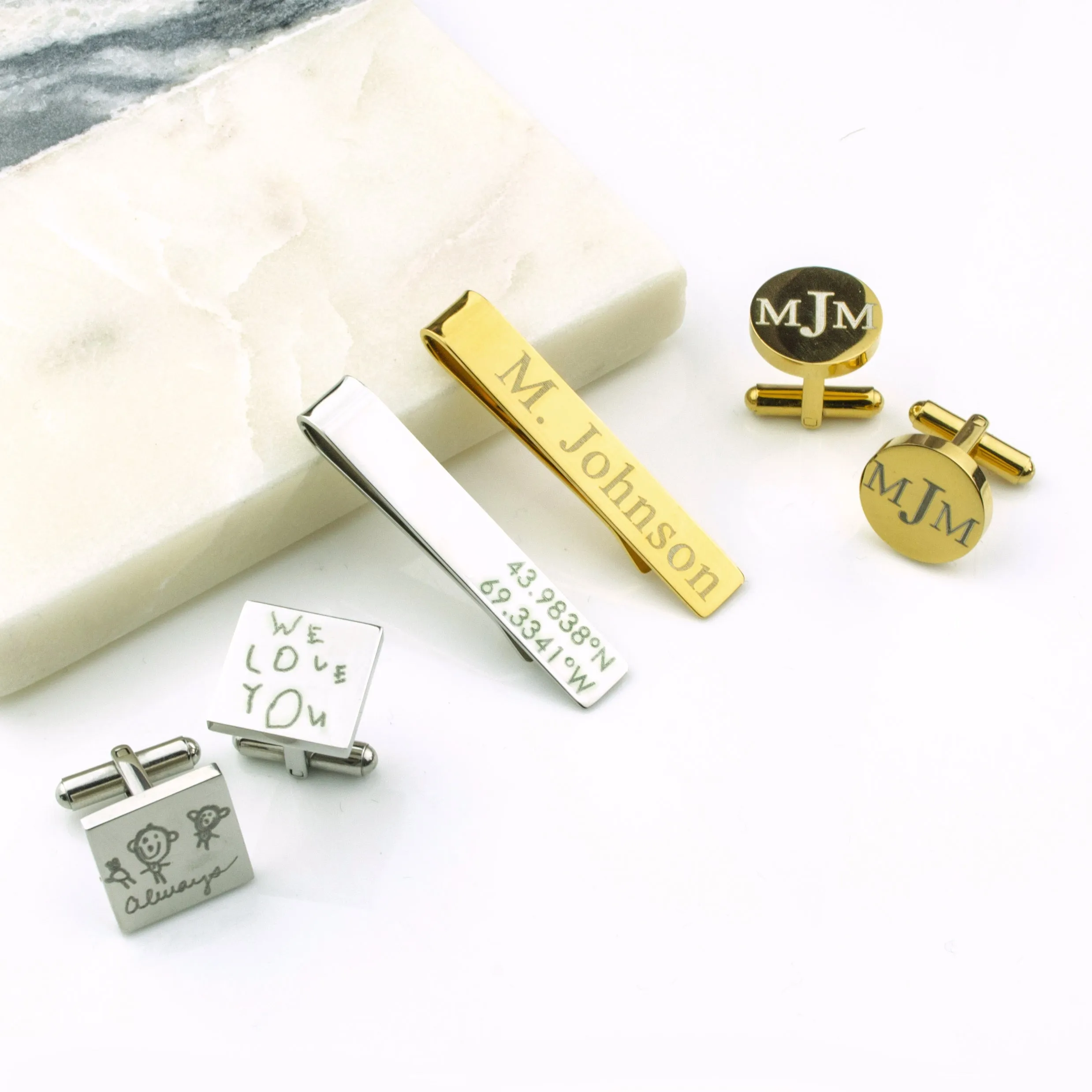 Custom Engraved Metal Tie Clip & Cufflinks Set