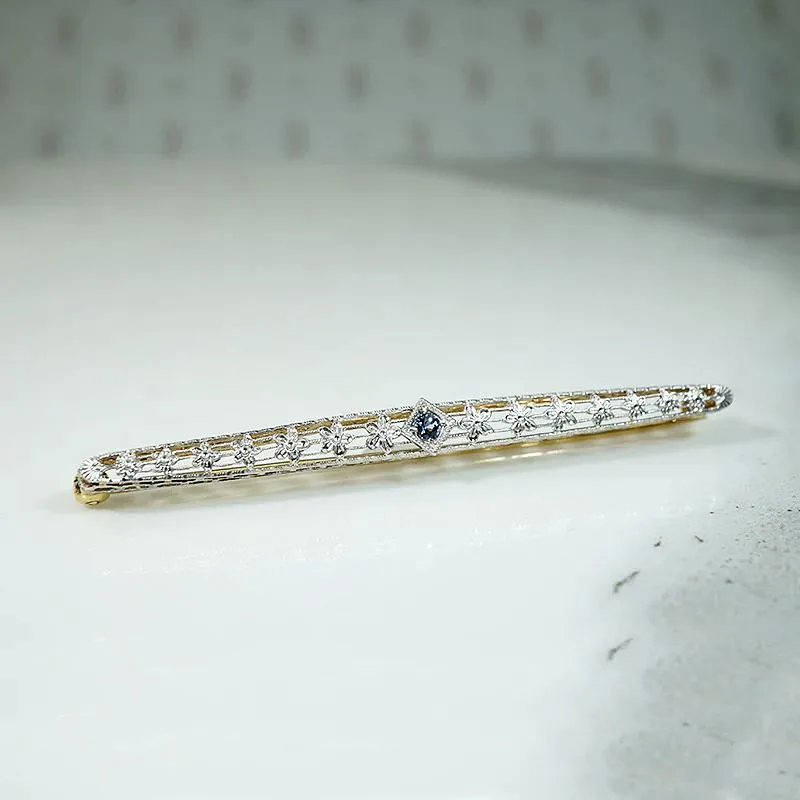 Daisies & Sapphire Two Tone Filigree Bar Pin