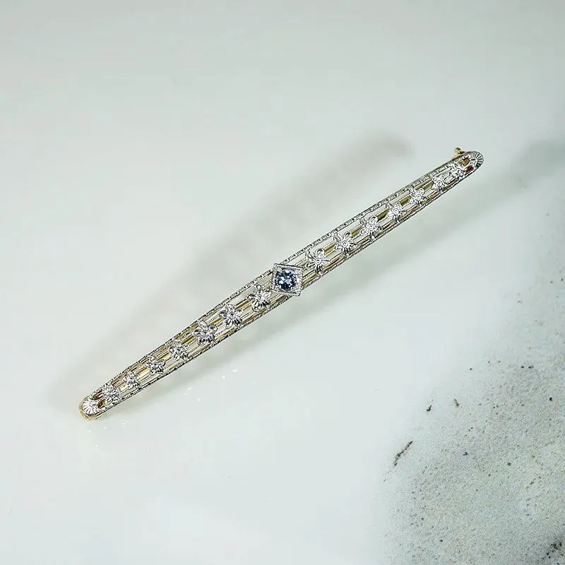 Daisies & Sapphire Two Tone Filigree Bar Pin