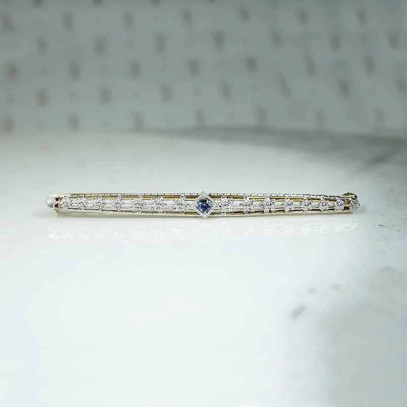 Daisies & Sapphire Two Tone Filigree Bar Pin