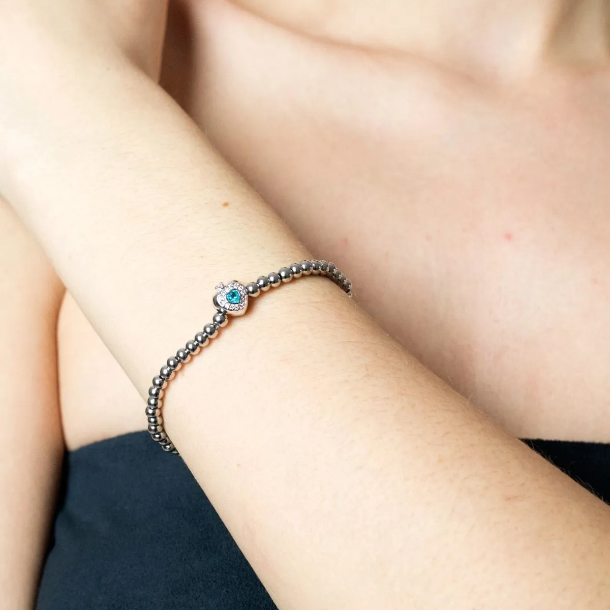 December | Turquoise Birthstone | Silver | Crystal Heart Bracelet