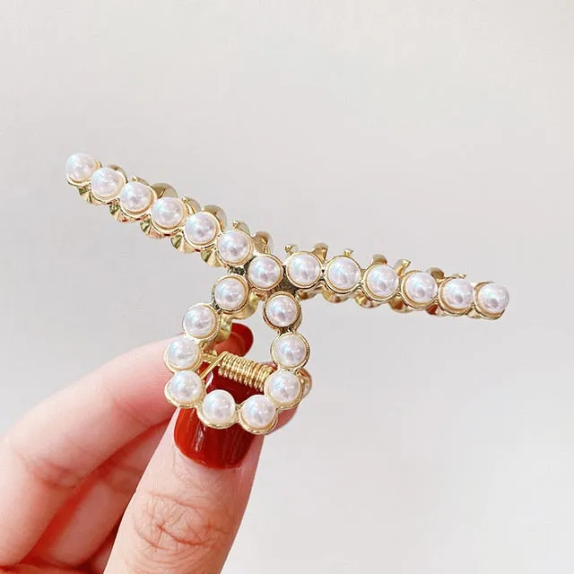 Elegant Pearls Rhinestone Geometric Hair Claws