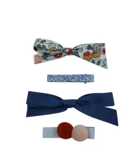 Five / Eleven Set 4 Hairclip Liberty Bow Pom Pom Floral Blue Navy