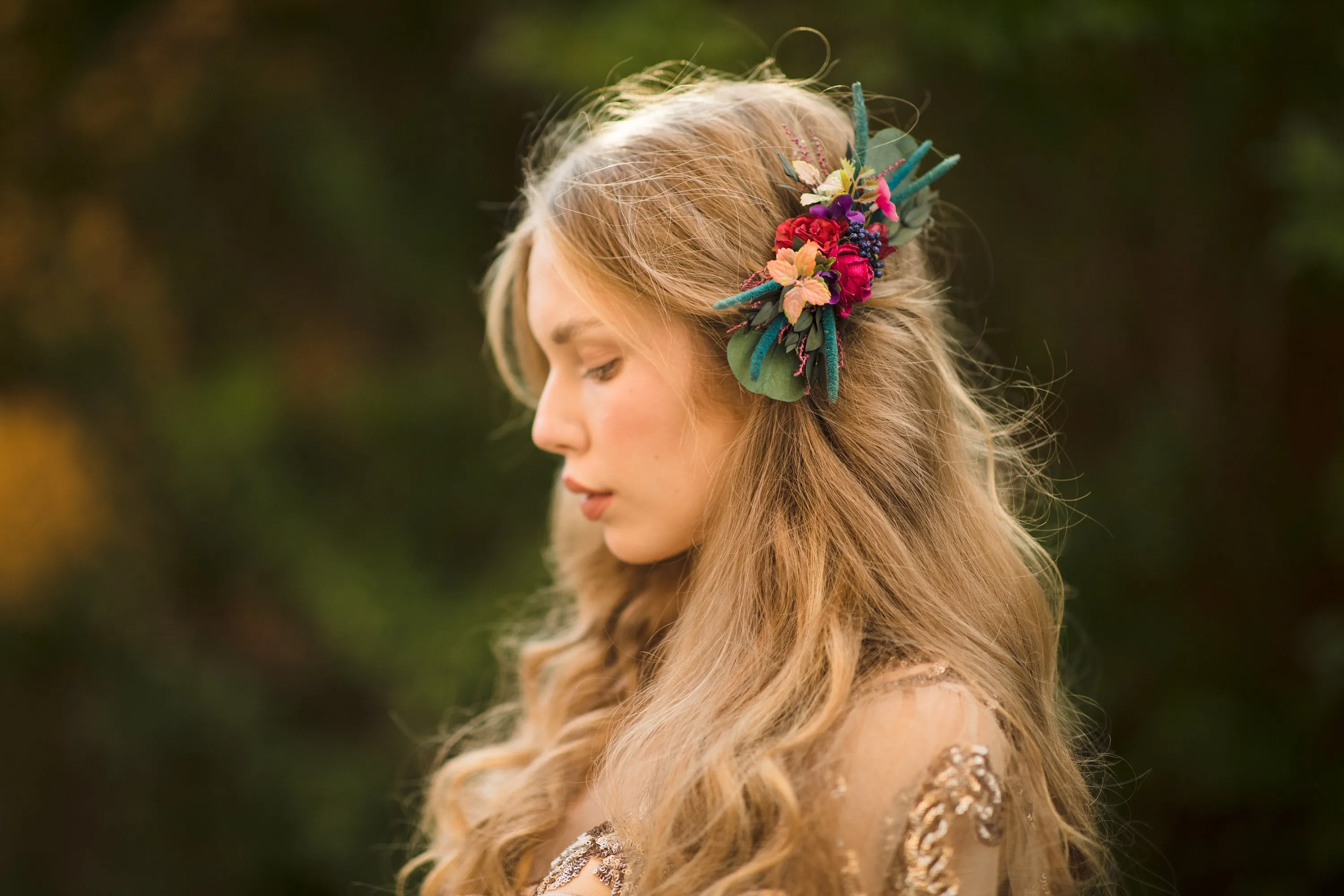 Flower hair comb for bride Wedding flower comb hair piece Red Hair comb Turquoise Blumenhaarkamm Magaela accessories Flower jewelry