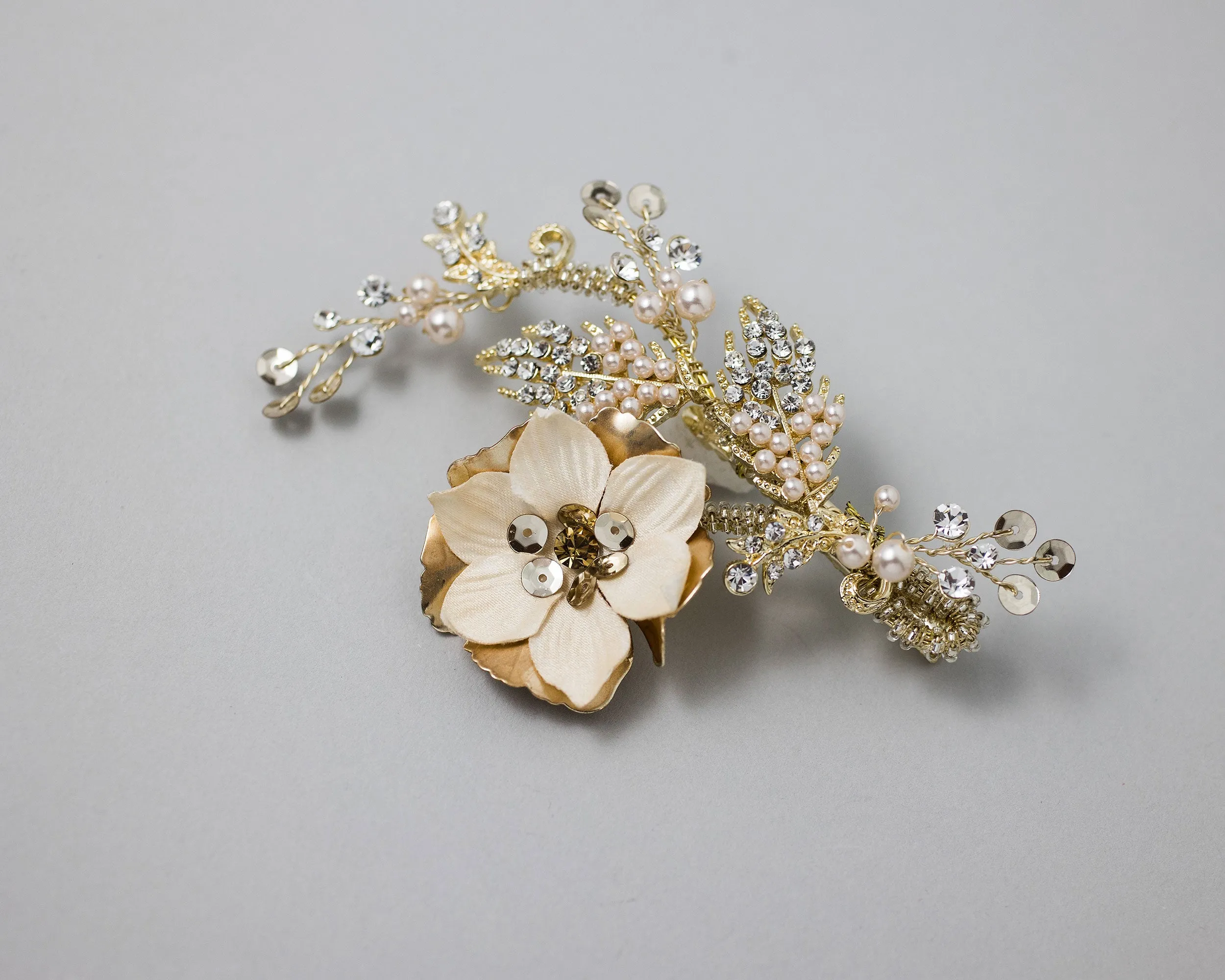 Gold Bridal Hair Flower with Blush Pearls