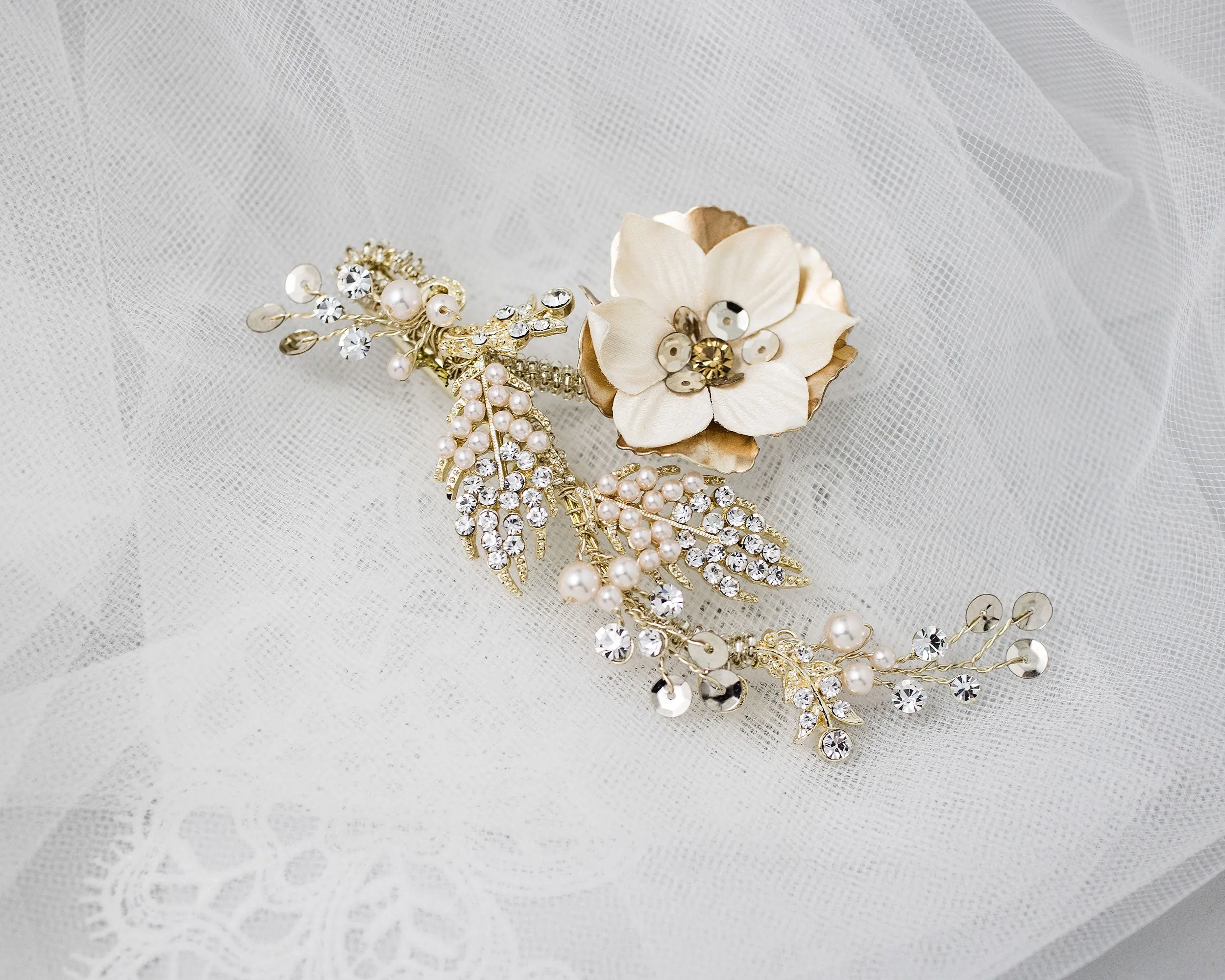 Gold Bridal Hair Flower with Blush Pearls