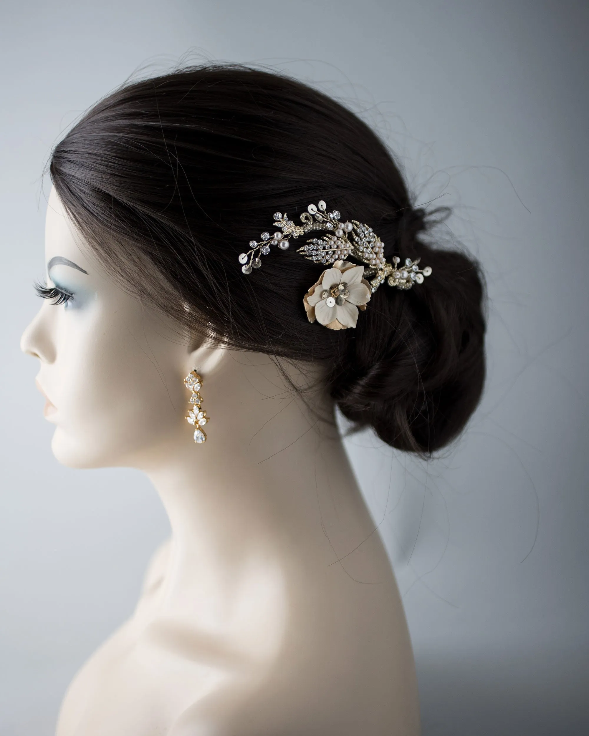 Gold Bridal Hair Flower with Blush Pearls