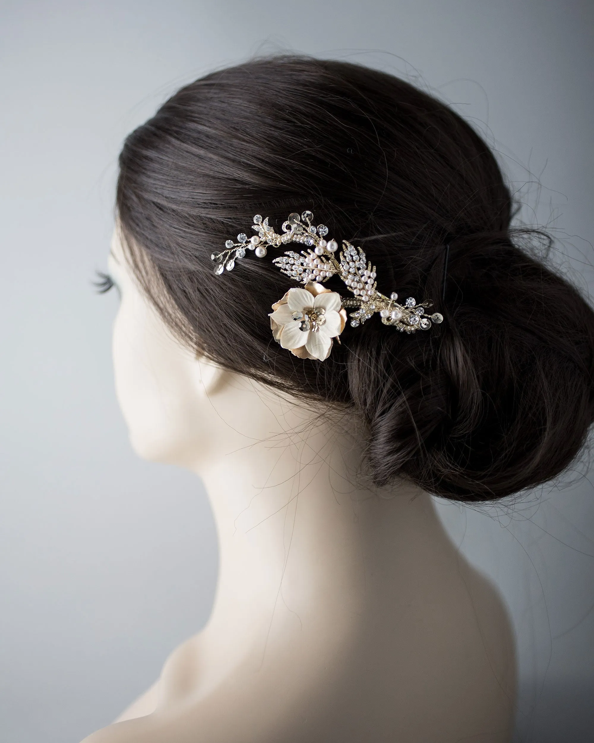 Gold Bridal Hair Flower with Blush Pearls