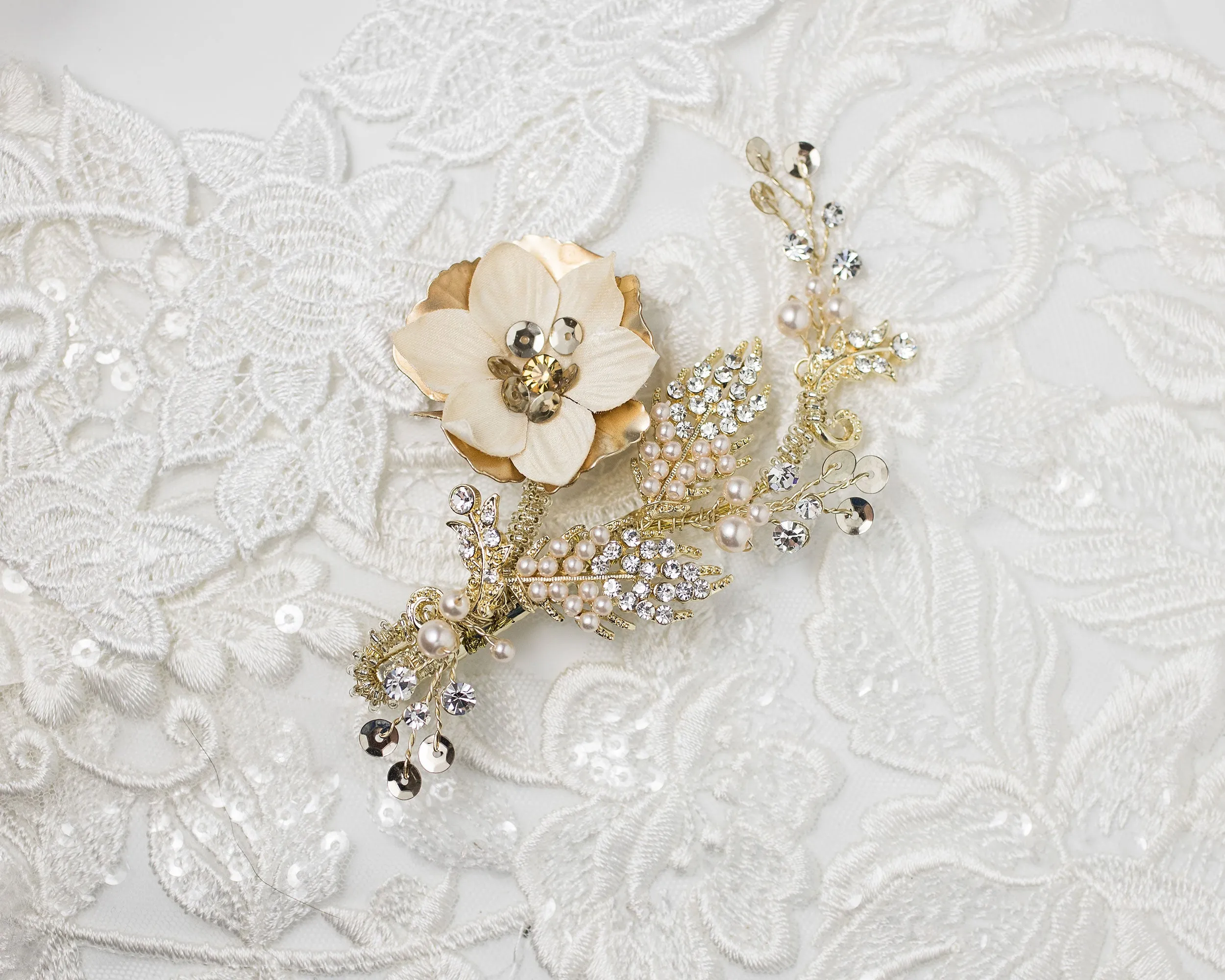 Gold Bridal Hair Flower with Blush Pearls