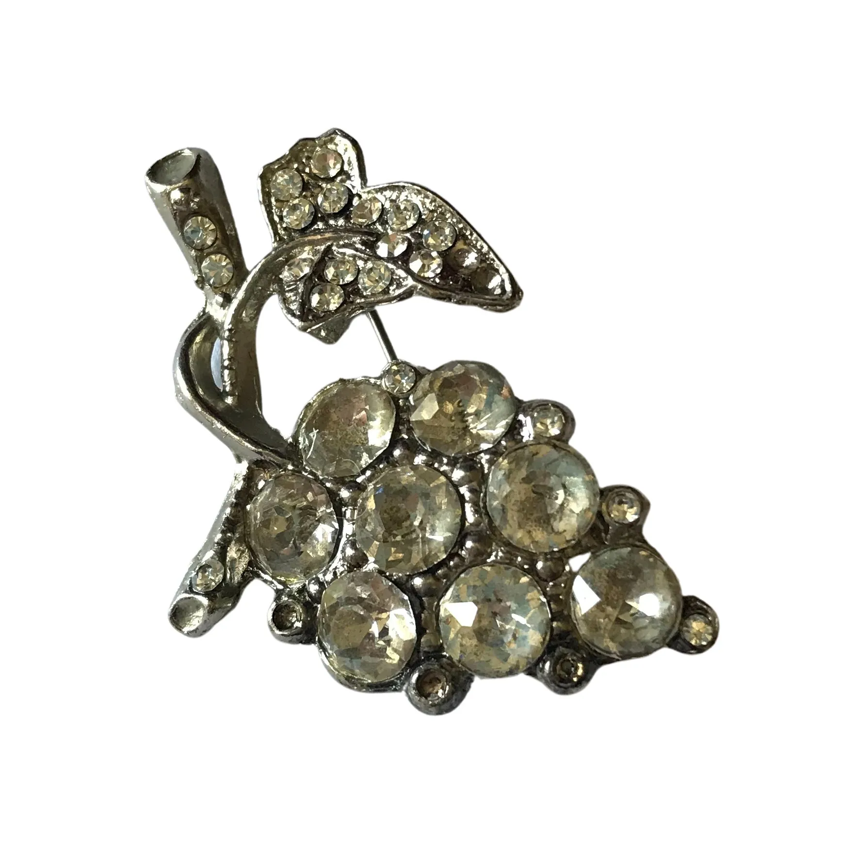 Grape Cluster Shaped Clear Rhinestone Silver Pot Metal Brooch circa 1940s