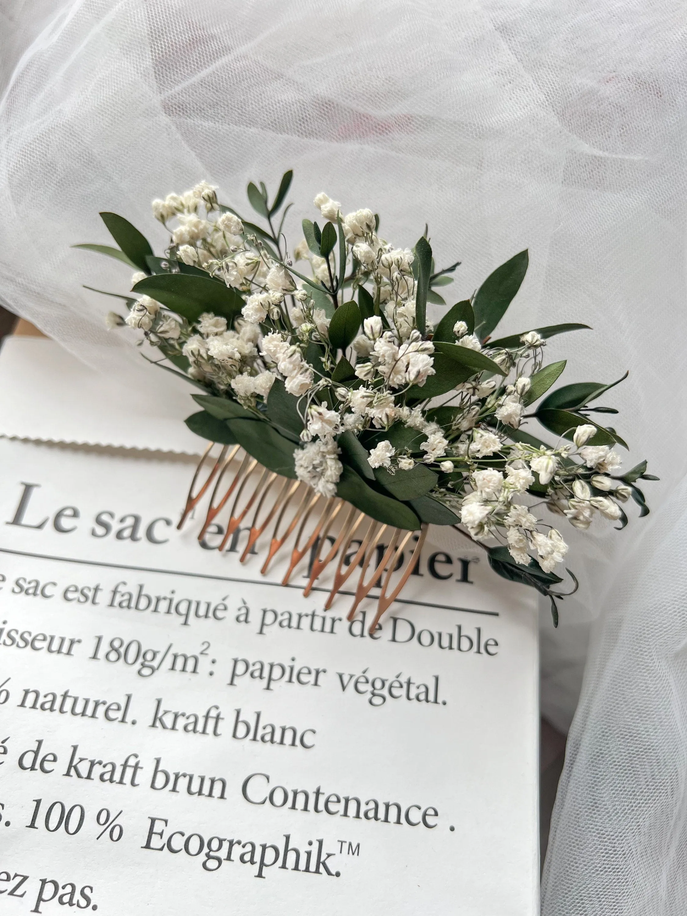 Gypsophila and Greenery Dried Flower Comb White for Brides, Wedding Babys Breath Floral Hair Slides, Bridal Hair Accessories with Eucalyptus