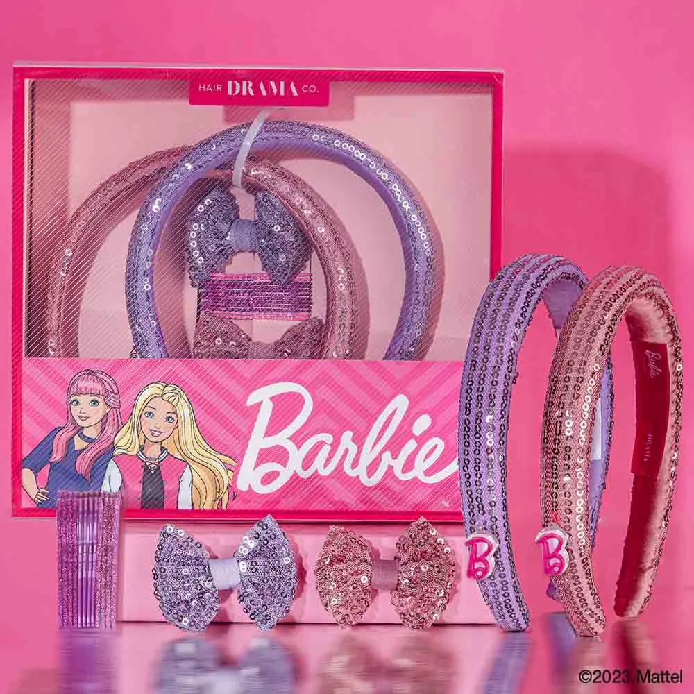 Hair Drama Co Barbie Kids Sequins Gift Box with 2 Puff Hair Bands with Barbie Charm, 2 Hair Bows & 12 Hair Pins