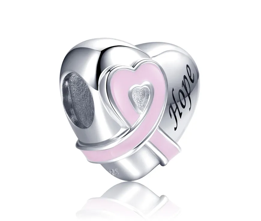 Hope Pink Heart Ribbon Charm 925 Sterling Silver