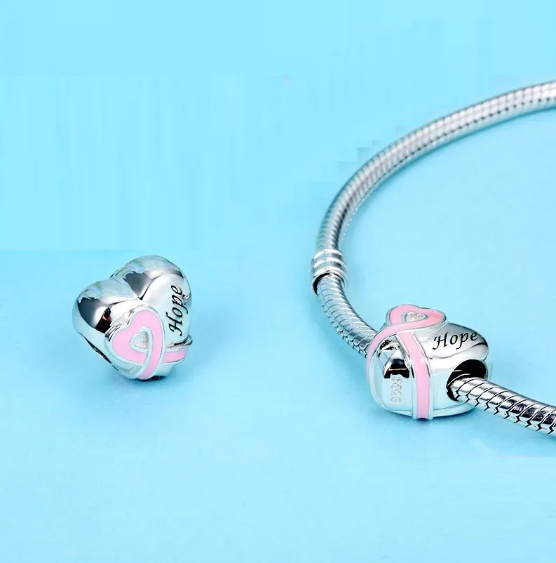 Hope Pink Heart Ribbon Charm 925 Sterling Silver