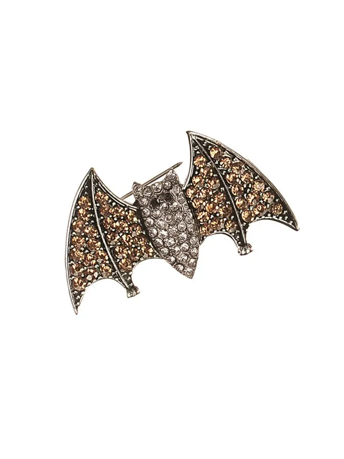 Hot Tomato Batty Bat Bat  Brooch - Antique Silver/Topaz/Clear Crystals