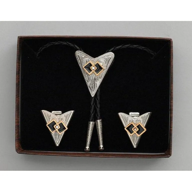 Interlocking Squares & Austrian Crystal Bolo Tie & Collar Tip Set