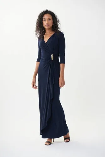 Joseph Ribkoff 3/4 Sleeve Front V Neck Front Brooch Long Dress